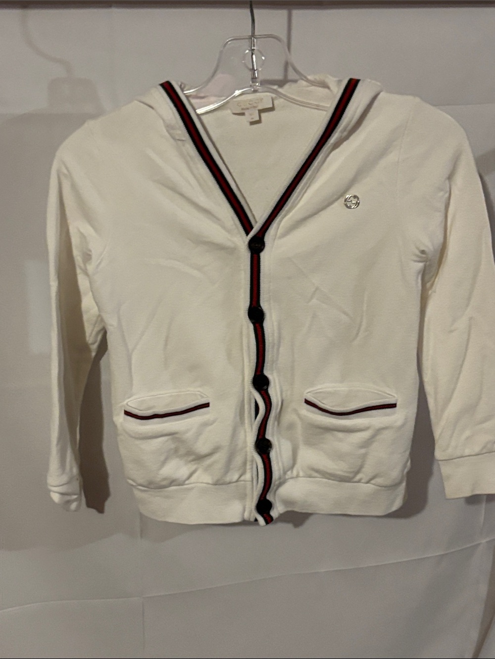 Gucci White Hooded Cardigan with Red & Navy Trim